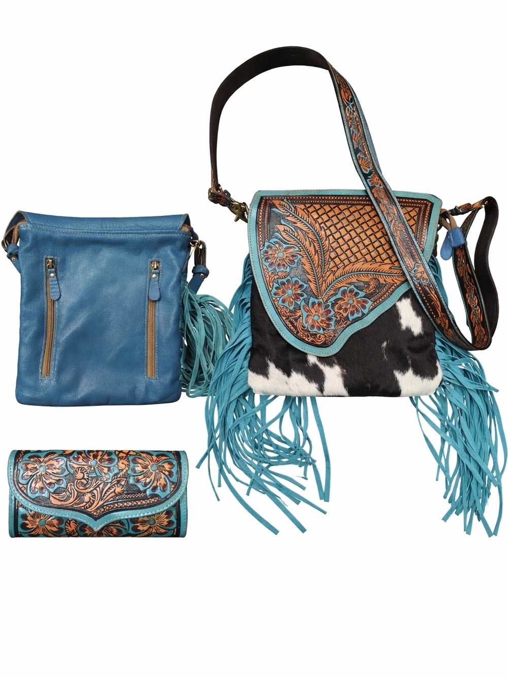 Myra Bag Turquoise, Brown & Black Tooled Fringe Crossbody Set with Wallet